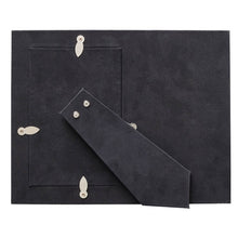 Load image into Gallery viewer, Back view of charcoal faux leather graduation photo frame with easel