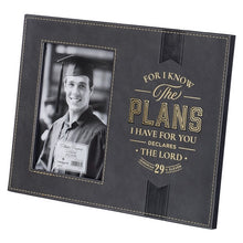 Load image into Gallery viewer, Angled view of Jeremiah 29:11 faux leather graduation photo frame