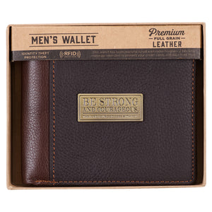 Strong and Courageous Two-tone Brown Full Grain Leather Wallet - Joshua 1:9