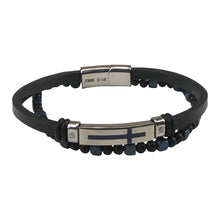 Load image into Gallery viewer, Kerusso Mens Bracelet Cross Bead Leather: Black/Blue/Silver