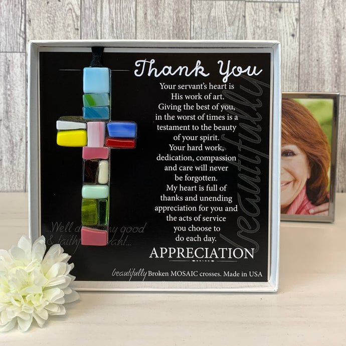Thank You Inspirational Gift USA Handmade Glass Cross 4470