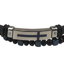 Load image into Gallery viewer, Kerusso Mens Bracelet Cross Bead Leather: Black/Blue/Silver