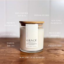 Load image into Gallery viewer, Grace | White Peach Blossom | 9 oz. Clear Jar Soy Candle: Natural Wood Lid