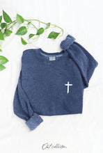 Load image into Gallery viewer, JESUS HAS MY BACK Mineral Graphic Sweatshirt: VINTAGE DENIM