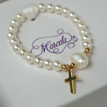 Load image into Gallery viewer, Gold  Cross Pearls with One Water Pearl Bracelet - 6MM: 3-6  Months