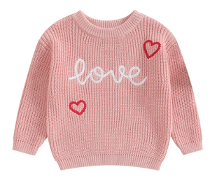 Valentine's Day ''LOVE'' Heart Embroidery Pullover Baby/Children's Sweater - Pink