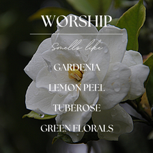Load image into Gallery viewer, Worship | Gardenia &amp; Tuberose | 9 oz. Clear Jar Soy Candle: Natural Wood Lid