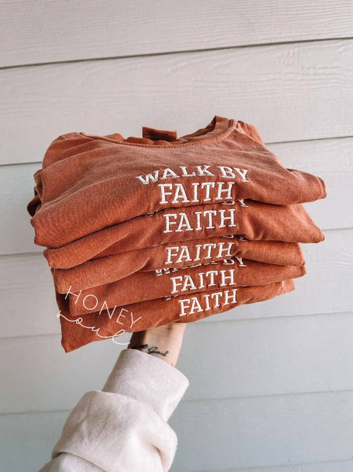 Embroidered Walk By Faith Summer Tee: Denim