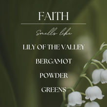 Load image into Gallery viewer, Faith | Lily &amp; Bergamot | 9 oz. Clear Jar Soy Candle: Natural Wood Lid