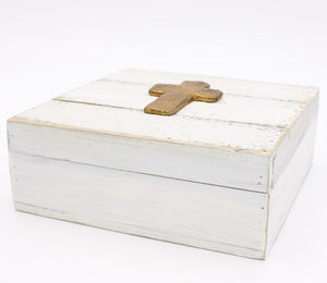 8" Square Wood Box, White with Gold Cross