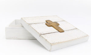 8" Square Wood Box, White with Gold Cross