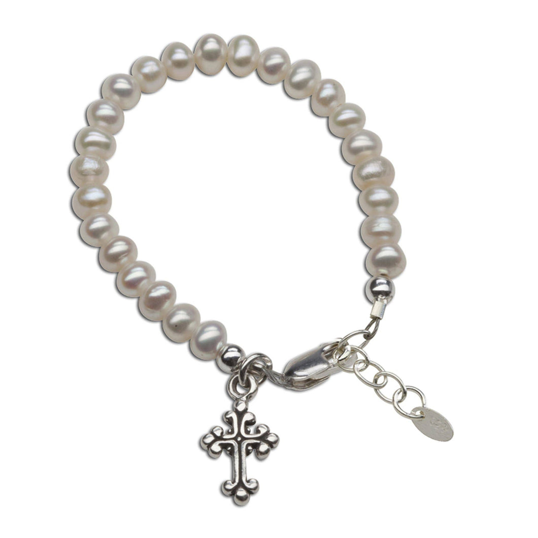 Olivia - Sterling Silver Pearl Cross Baby & Childs Bracelet