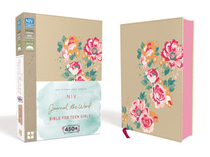 NIV, Journal the Word Bible for Teen Girls, Leathersoft over Board, Gold/Floral, Red Letter Edition: Includes Over 450 Journaling Prompts!