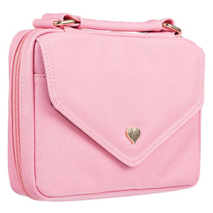 Pink Faux Leather Fashion Bible Cover with Decorative Flap and Metal Heart Badge (Medium)