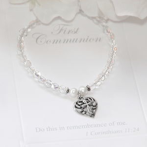 First Communion Heart + Cross Charm Crystal Bracelet