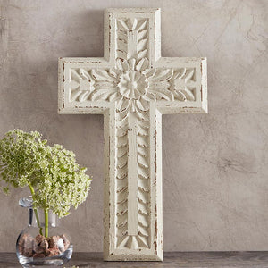 Wood Cross - White Carved