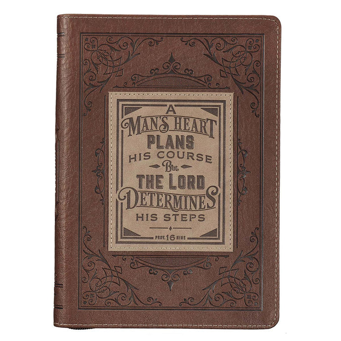 A Man's Heart Classic Faux Leather Zippered Journal in Brown - Proverbs 16:9