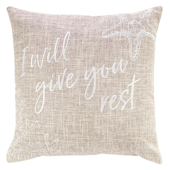 Give You Rest Square Pillow in Tan - Matthew 11:28