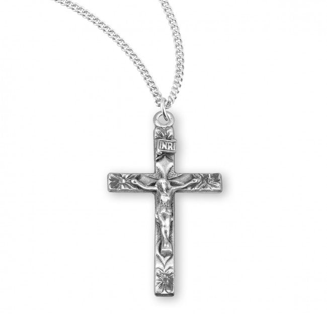 Sterling Silver Floral Engraved Crucifix Necklace