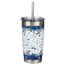Load image into Gallery viewer, Be Still &amp; Know Blue Floral Stainless Steel Travel Mug with Reusable Stainless Steel Straw - Psalm 46:10