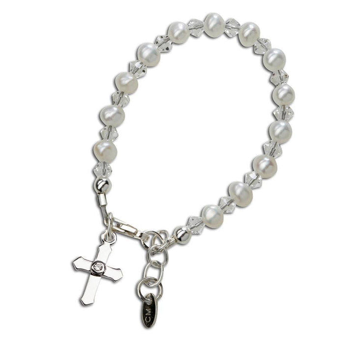 Grace-Sterling Silver Pearl Cross Baby Girl Baptism Bracelet