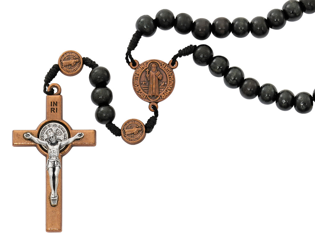 7MM Black Wood Beads with St. Benedict Copper Crucifix Rosary